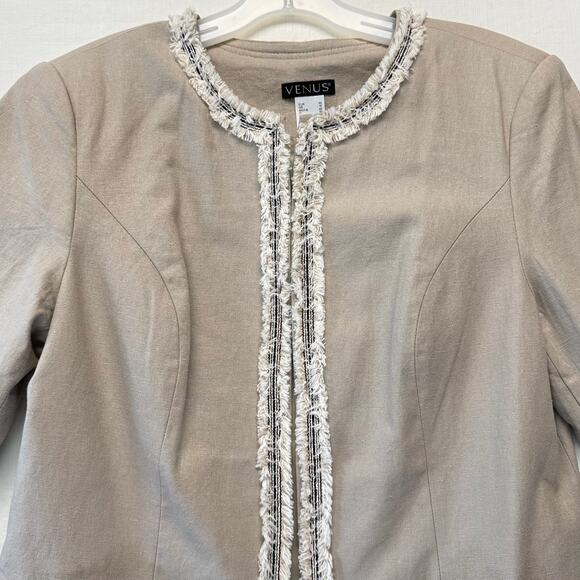 VENUS Linen Blend Blazer Jacket Women's Size 12 Beige with Fringe Details Career - Picture 3 of 13